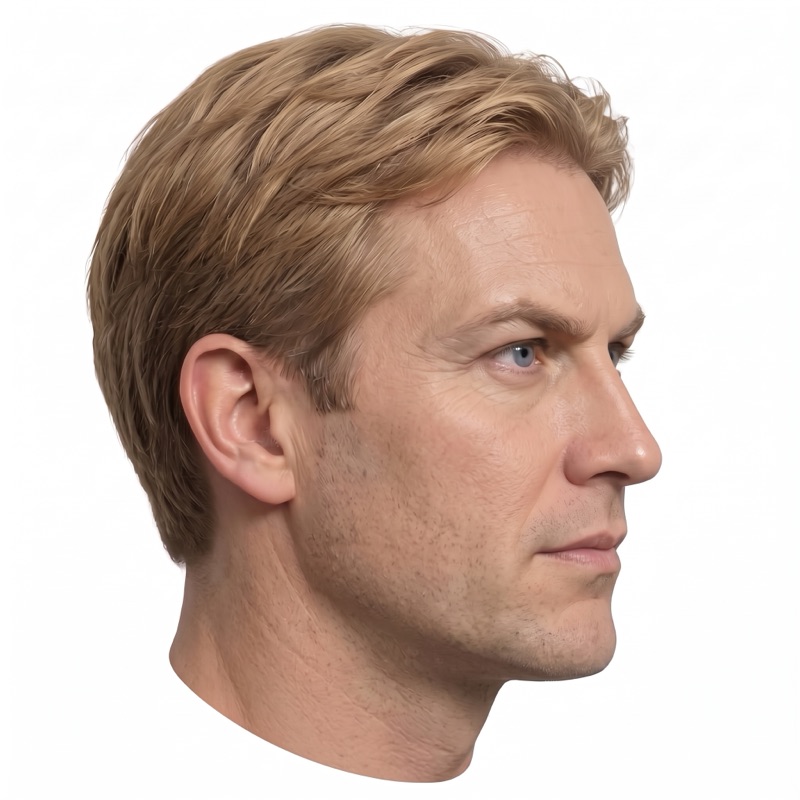 Profile D: right-facing side view of a clean-shaven man with short light-brown hair.