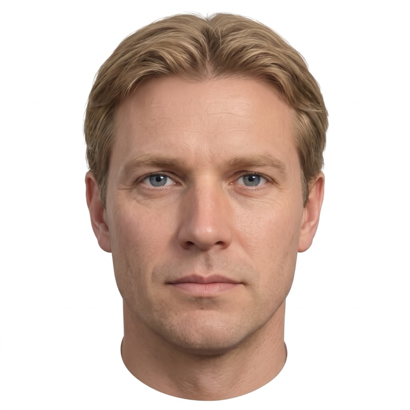 Front-facing headshot of a clean-shaven man with short light-brown hair and blue eyes.